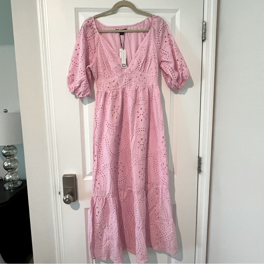 Sanctuary Eyelet dress, Pink Maxi, Mid Length Sleeves, Zipper , Cotton